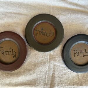 Set of 3 Decorative Word Plates - Family, Friends, Faith - Earth Tones